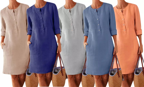 Women's Cotton Linen Round Neck Dress