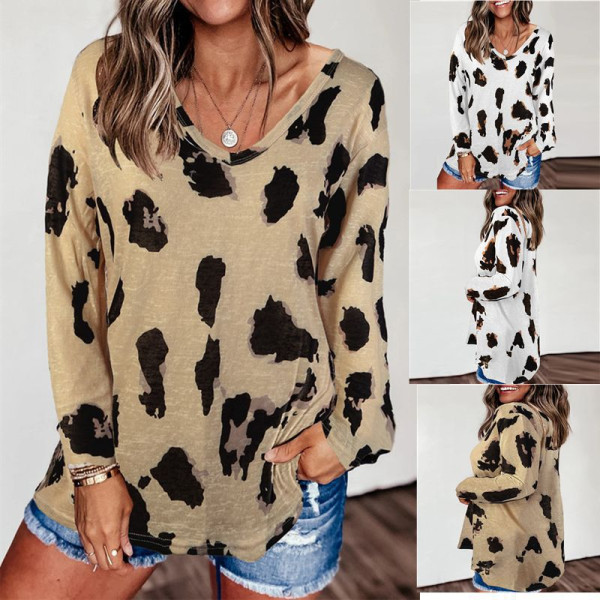 Women's Leopard Print T Shirt V Neck Fashion Casual Long Sleeve Loose Tops Blouse