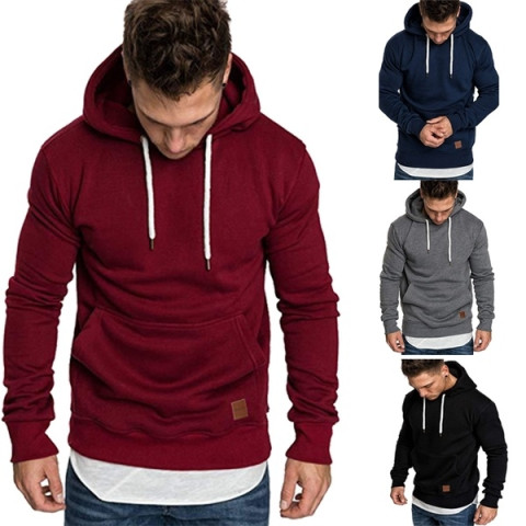 Plain lace up pullover men's hoodie with pocket