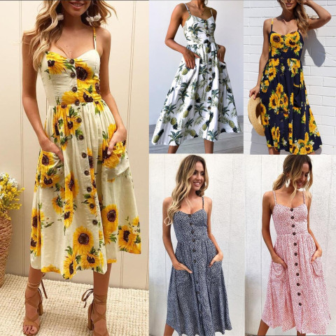 Women Sleeveless Sunflower Printing Button up Maxi Boho Dress with Pocket