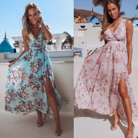 Women V Neck Split Dress Floral Print Casual Maxi Dresses