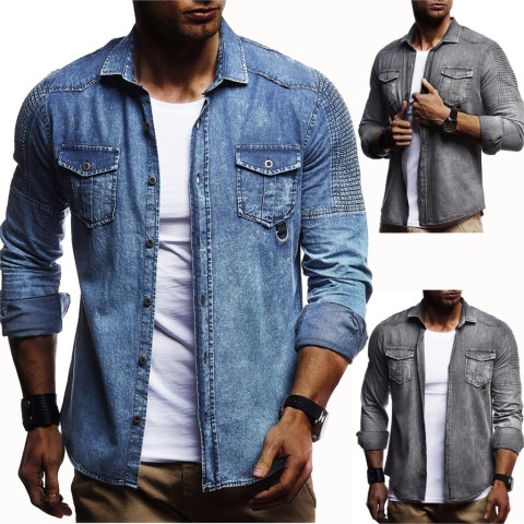 Men Washed Demin Shirts Long Sleeves Slim Fit Jean Shirts