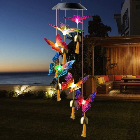 Led solar butterfly colorful color changing bell wind chime lamp