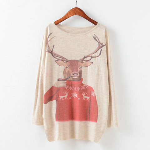 Women's Christmas Batwing Animal Printing Pullover Knit Sweater Tops