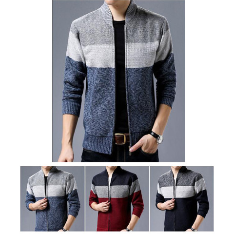 Winter Sweater Men Pattern Striped Zipper Warm Outwear Jacket