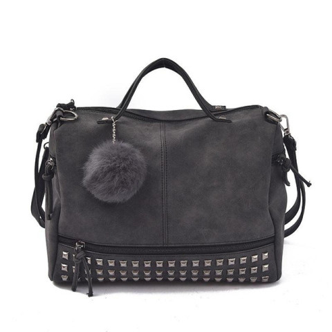 Vintage Nubuck Leather Female Top-handle Bags Rivet Larger Women Bags Hair Ball Shoulder Bag 