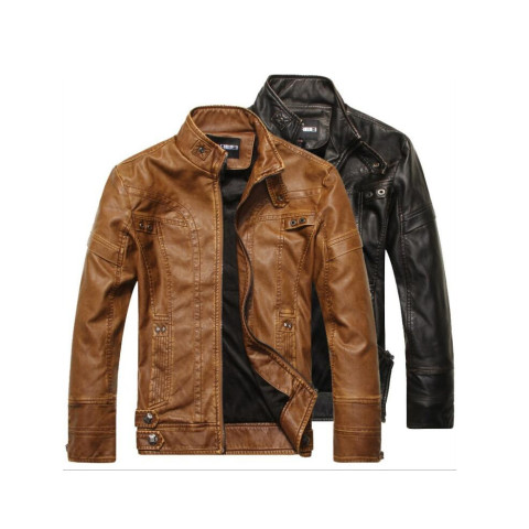 Fashion Leather Jacket Men PU Leather Stand Collar Motorcycle Jacket